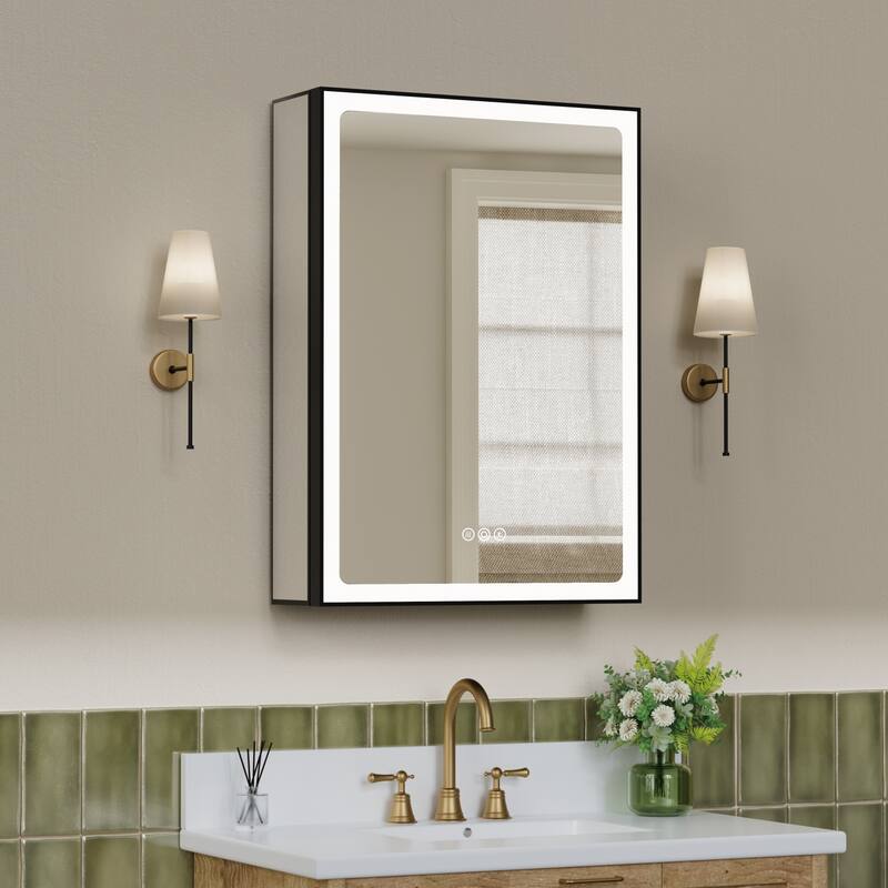 Grand Aluminum Medicine Cabinet with Mirror, Adjustable Shelves, Dimmable Light, Anti-Fog, Recessed or Wall Mount - 24"W x 30"H