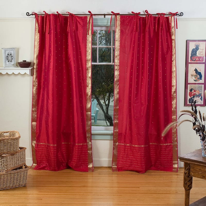 Fire Brick Tie Top Sheer Sari Curtain / Drape / Panel - Piece