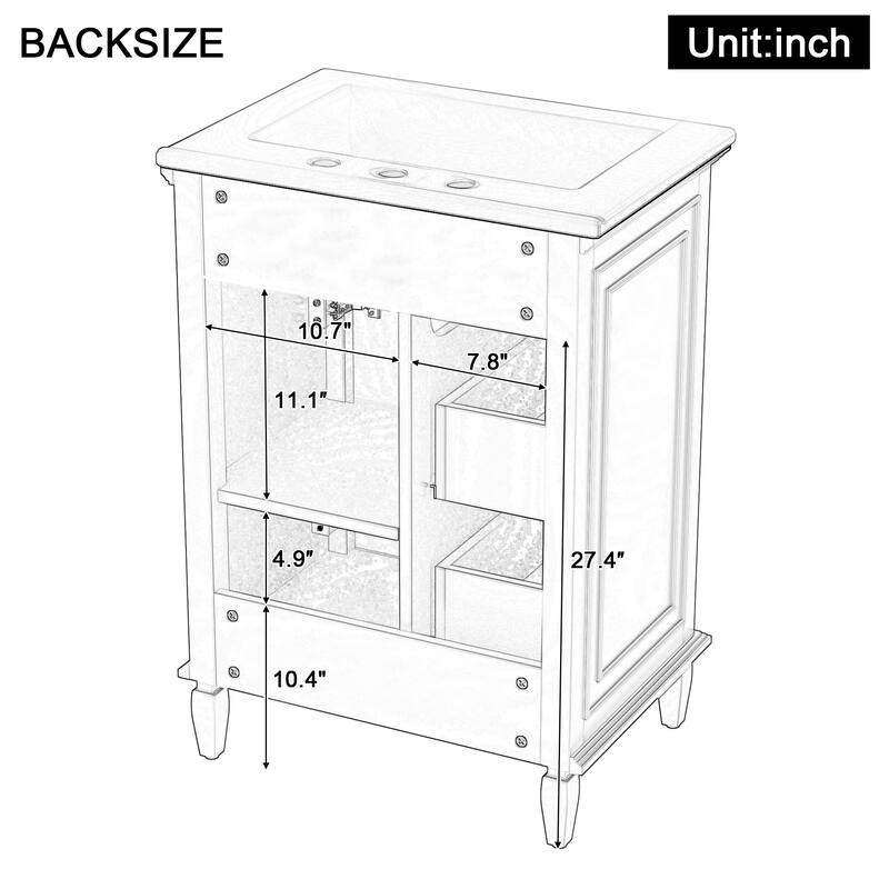 24" Bathroom Vanity with Sink, Flip Drawer & 2 Drawers, Solid Wood Frame, Adjustable Shelf, Ceramic Top