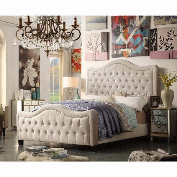 slide 2 of 15, Moser Bay Olivia Linen Waved Top Upholstery Button-tufted Panel Bed with Tall Footboard