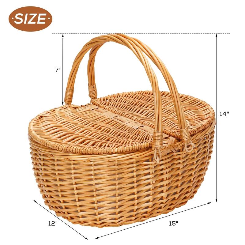 Wicker Picnic Basket with Cooler, Wooden Split Lid Picnic Basket, Vintage-Style Wicker Picnic Hamper with Folding Woven Handle