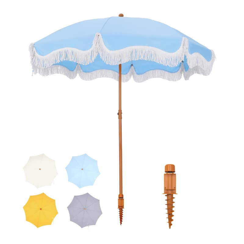 MAISON ARTS 7ft Patio Fringe Umbrella Outdor Tassel Beach Umbrella with Push Botton Tilt UPF50+