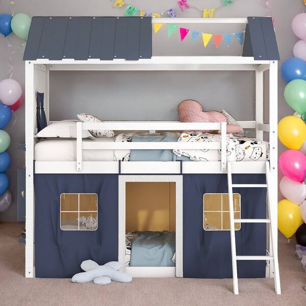 slide 2 of 18, Twin Size Bunk Bed Wood House Bed Kids Bed with Elegant Windows Sills and Tent, Blue+White Blue+White