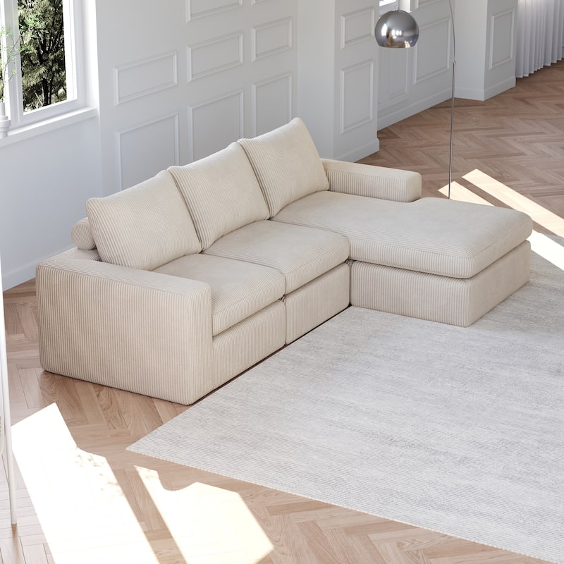 Roomfitters Modern 3-Seater Corduroy Cloud Sectional Sofa with Chaise, L-Shaped Boneless Couch with Pillows