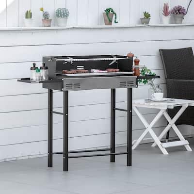 Outsunny BBQ Rotisserie Grill Roaster Charcoal Spit Roasting Machine for Chicken Turkey w/ Grill Grate, Shelves & Wind Deflector