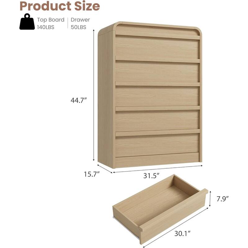 5 Drawer Curved Profile Design Dresser for Bedroom, Living Room, Entryway, Nursery