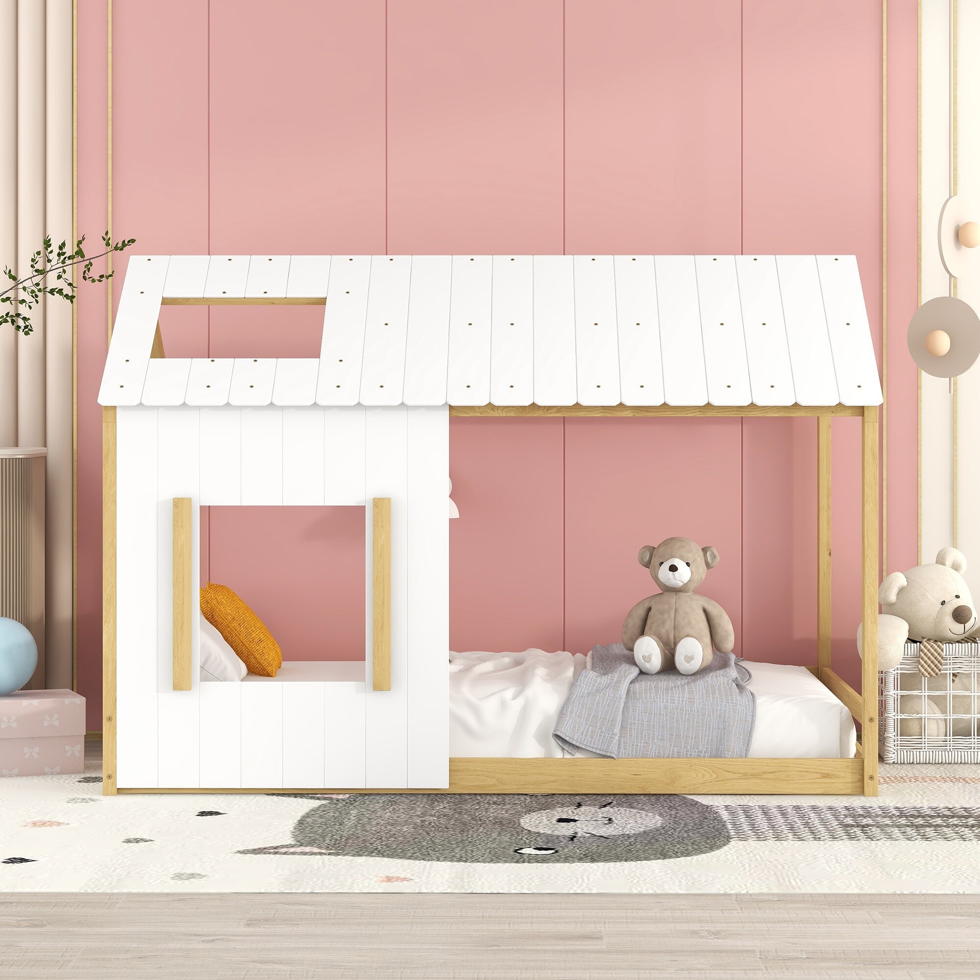 Twin Size House Bed with Roof and Window Wooden Floor Bed Frame with Slats Support Montessori Bed for Boys Girls Bedroom White Natural