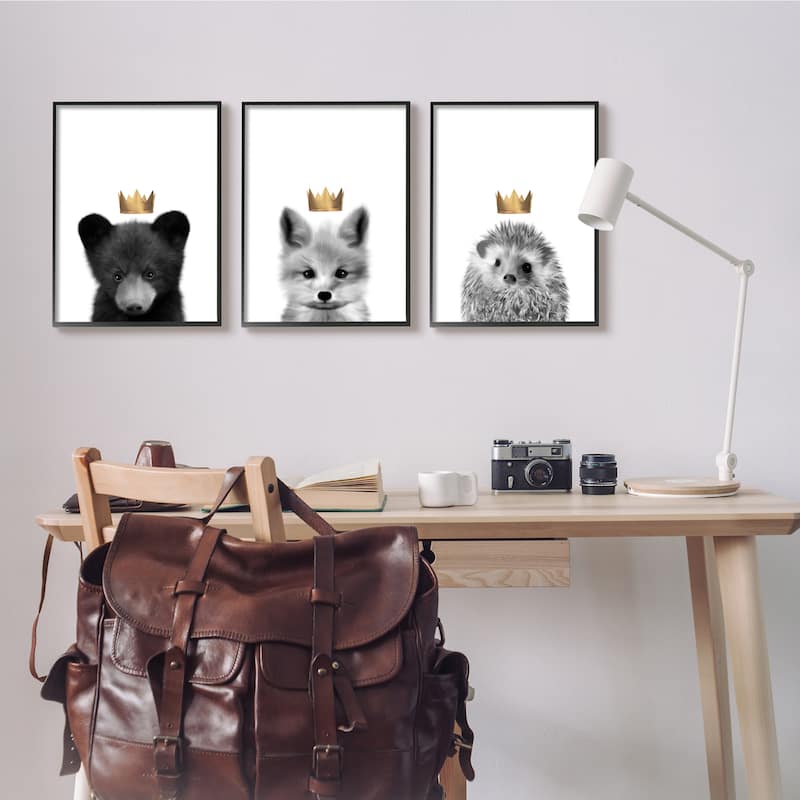 Stupell Woodland Animals Bold Crowns Black Bear Fox Hedgehog 3pc Multi Piece Framed Wall Art Set