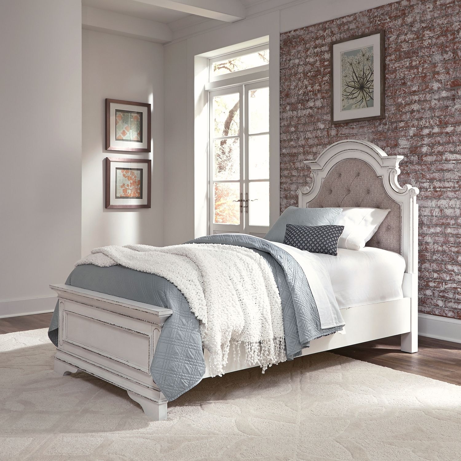 Liberty Furniture Magnolia Manor Twin Upholstered Bed - Antique White & Weathered Bark White Oak Wood