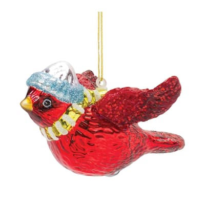 Set of 6 Red & Gold Flying Cardinal Bird Glass Christmas Ornaments 4"