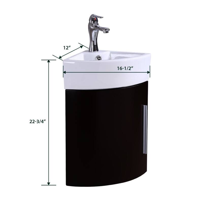 Corner Vanity Sink Myrtle 16.5" White Porcelain Sink With Black Cabinet, Faucet And Drain Renovators Supply