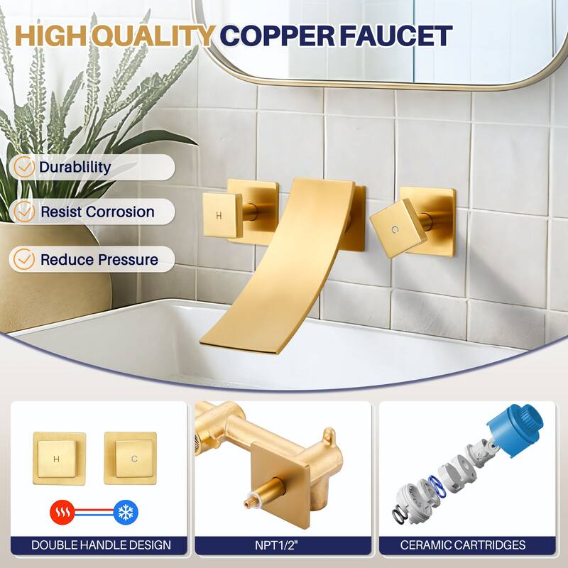 WOWOW Double Handle Wall Mounted WaterFall Bathroom Faucet