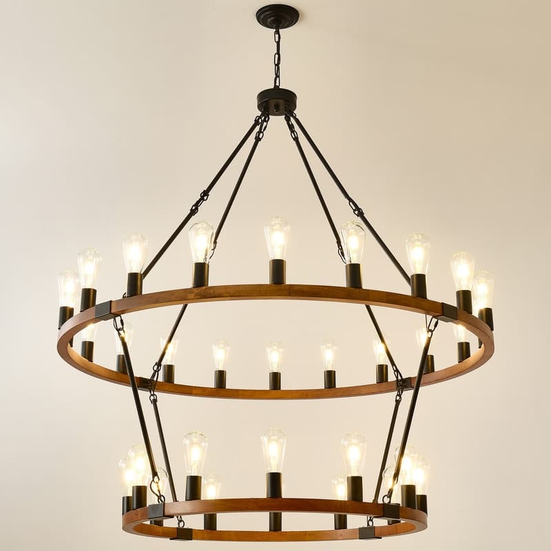 Farmhouse Wagon Wheel Chandelier - Rustic Wood & Metal Adjustable Pendant Light for Dining Rooms, Kitchens & Entryways