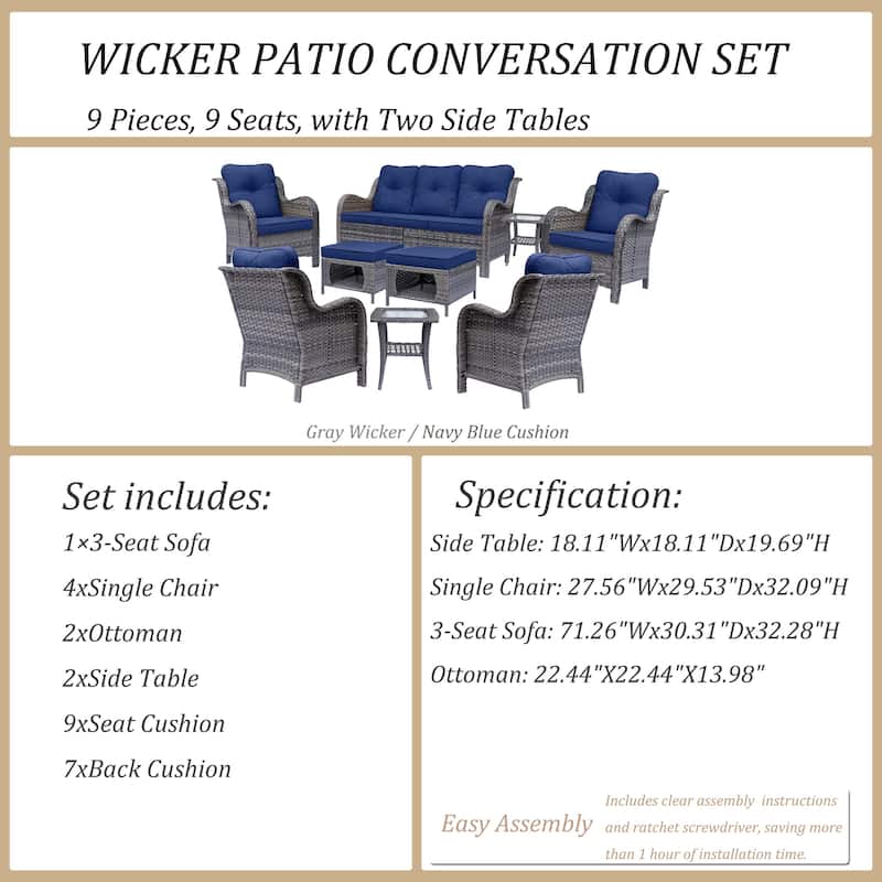 9 Piece Outdoor Patio Conversation Wicker Furniture Sofa Seating Sets
