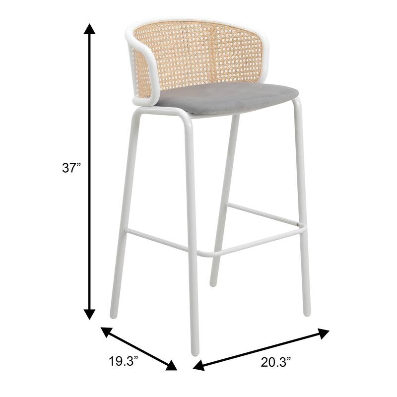Ervilla Mid-Century Modern Low-Back Wicker Bar Stool with White Powder Coated Steel Frame and Soft Fabric Seat Counter Chair
