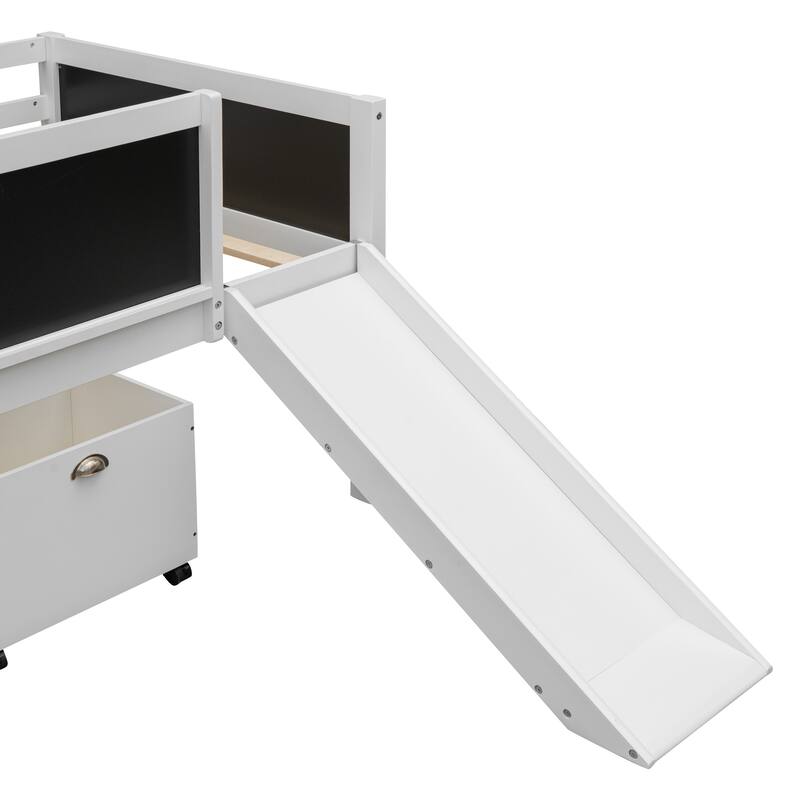 Twin Size Loft Bed with Slide, Chalkboard, and Storage Boxes, Wooden Loft Bed for Kids