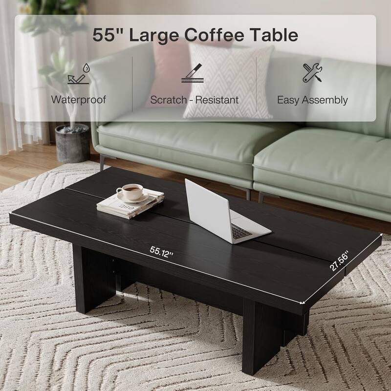 55" Rectangular Wooden Coffee Table for Living Room, Easy Assembly