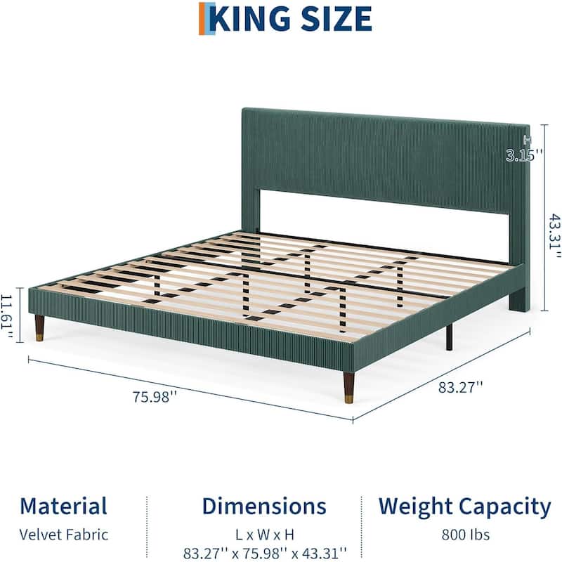 Bed Frame with Headboard, Corduroy Upholstered Platform Bed with Wooden Slats Suppor
