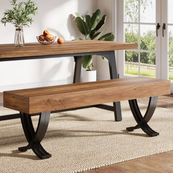 55-Inch Dining Room Bench, Wood Kitchen Bench with Metal Legs - 1PC