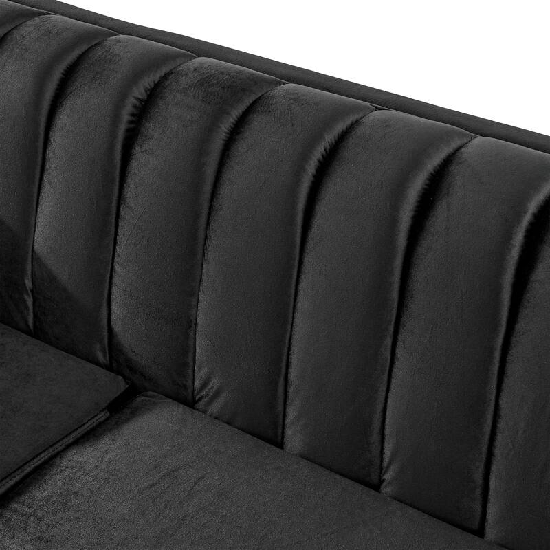 89 Inches Black Velvet 3 Seater Luxury Sofa with Gold Stainless Steel Trims and Embroidered Texture
