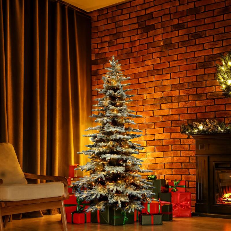 Fraser Hill Farm 6.5-Ft. Flocked Mountain Pine Christmas Tree with Clear LED String Lighting - 6.5 Foot