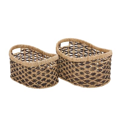 Seagrass Handmade Two Toned Storage Basket with Handles - Set of 2 Brown - Roche River Decor - 13"W x 18"L x 10"H