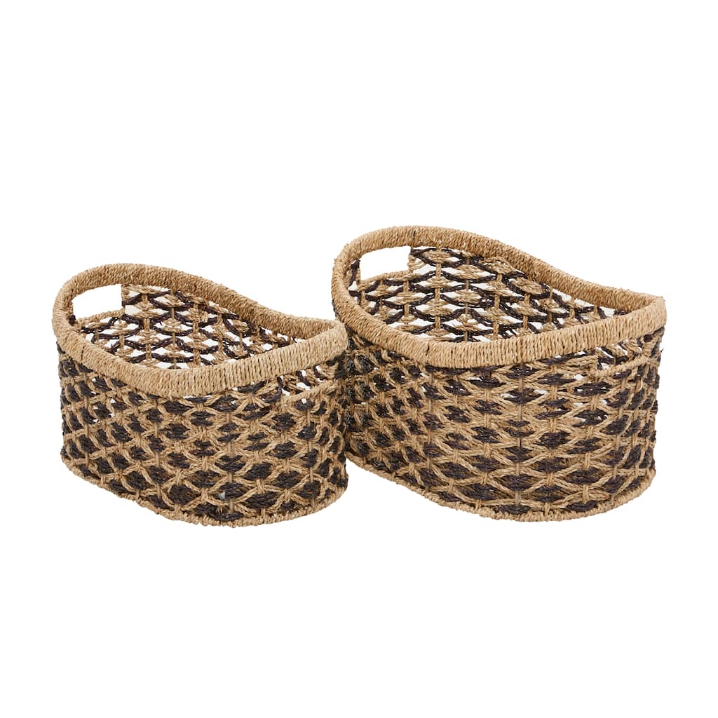 Seagrass Handmade Two Toned Storage Basket with Handles - Set of 2 Brown - Roche River Decor - 13"W x 18"L x 10"H