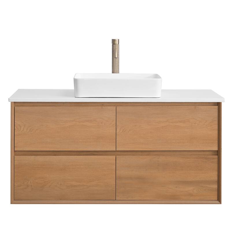 48" Floating Bathroom Vanity Quartz Counter Top with Ceramic Vessel Sink - Square Sink
