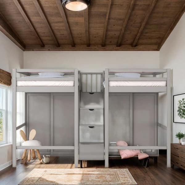 slide 2 of 24, Impression & Beautiful Double Twin Loft Beds with Wardrobes and Staircase, Sturdy construction & Playhouse Inspired, Grey Grey