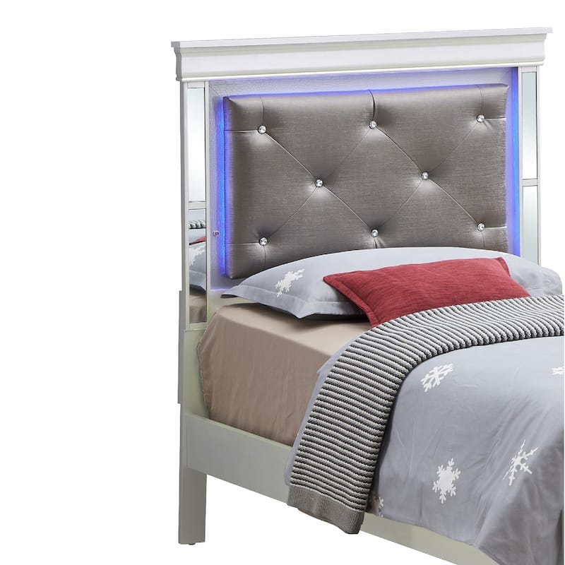 Jewel Tufted Upholstered Panel Twin Bed with LED Light - 80" - Silver Champagne