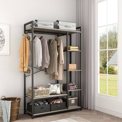 Free-Standing Closet Organizer, Portable Garment Rack with Open Shelves and Hanging Rod, Black Metal Frame, Grey