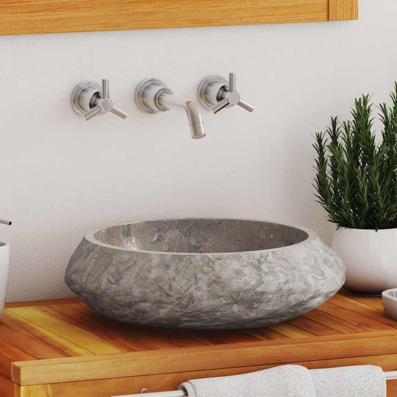 vidaXL Bathroom Basin, Ø15.7x4.7 Inches, Marble Round - 15.7"x4.7" - Gray