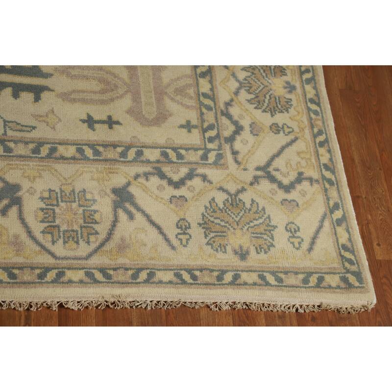 Earth Tone Oushak Style Area Rug Handmade Beige Floral Wool Carpet - 7'9" x 9'10"
