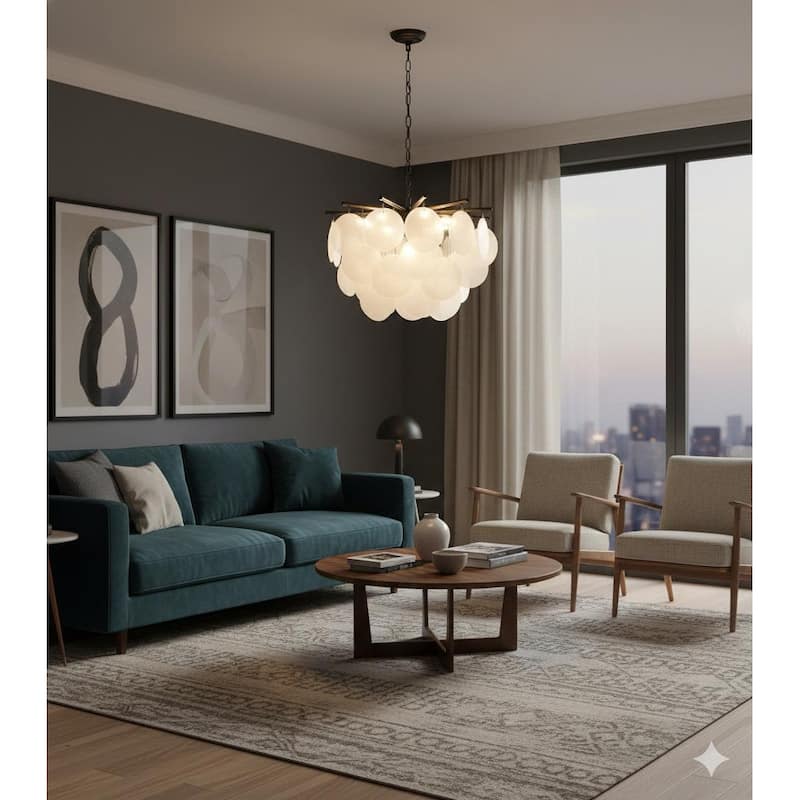 Transitional 7-Light Stain Black Chandelier With Frosted White Glass Petals