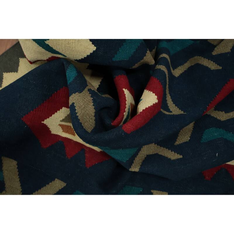 Hand Woven Oriental 100% Wool Carpet Southwestern Tribal Navy Blue & Blues Kilim Area Rug - 9' 11'' X 8' 2''