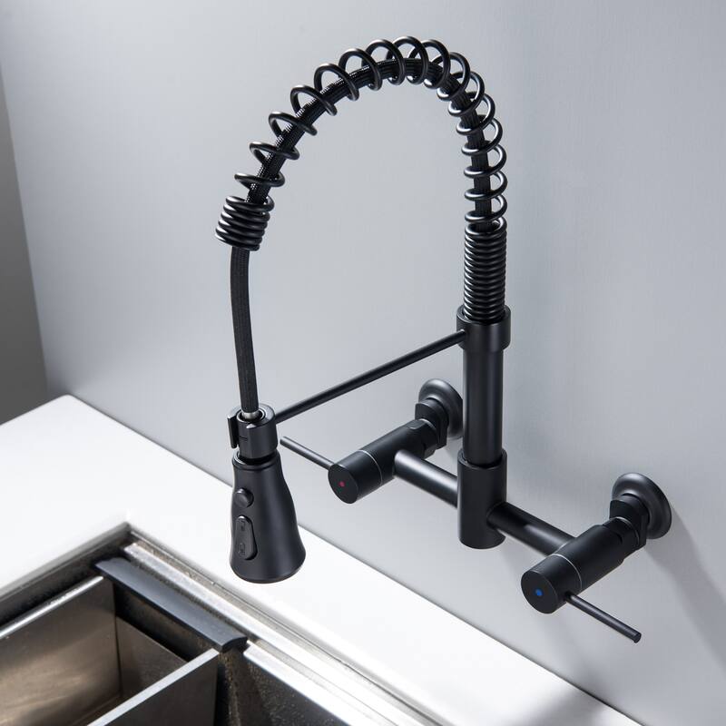 Modland Wall-Mounted Kitchen Faucet with Pull Down Sprayer 3-Function in Brushed Gold/Matte Black