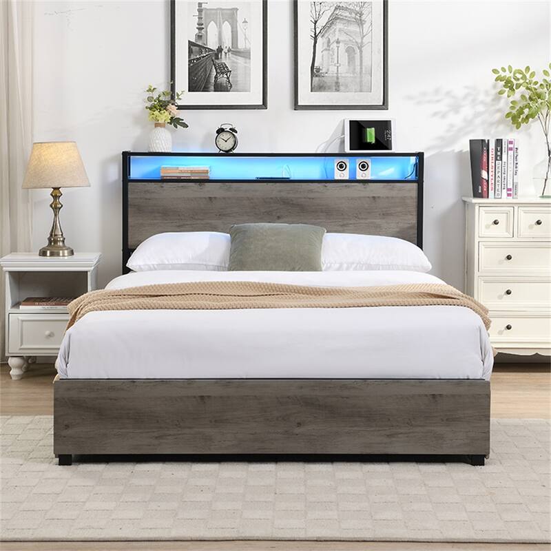 Queen Bed Frame, Storage Headboard with Charging Station