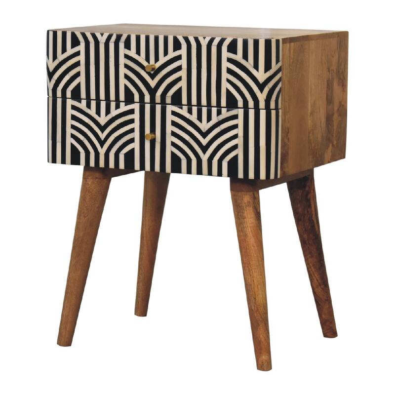 HomeRoots 23" Black Ivory And Light Brown Solid Wood Geometric Bone Inlay Two Drawer Nightstand