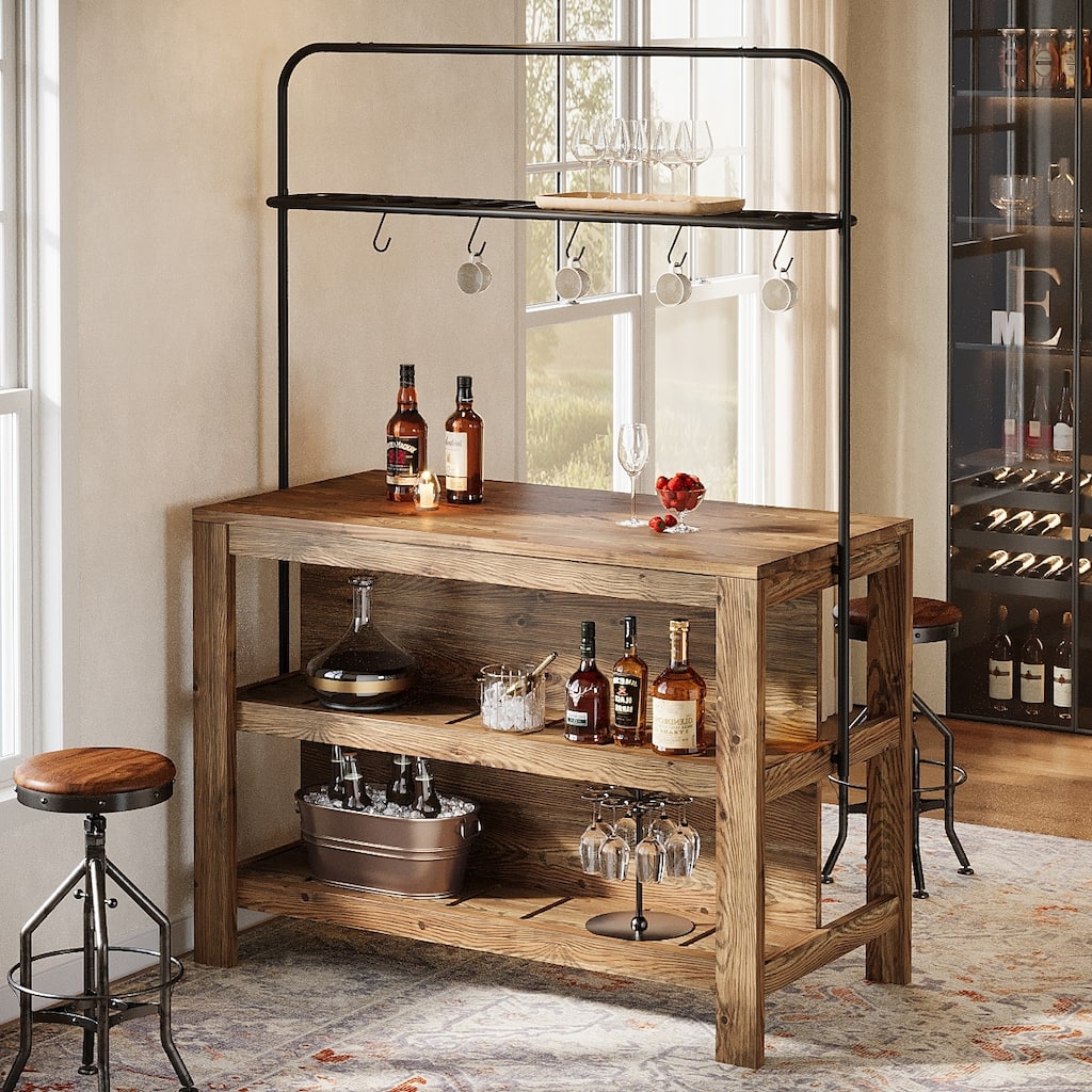 47 Inch Solid Wood Bar Table Home Bar Unit with Storage and 5 Hooks - 23.62" D x 47.24" W x 70.08" H