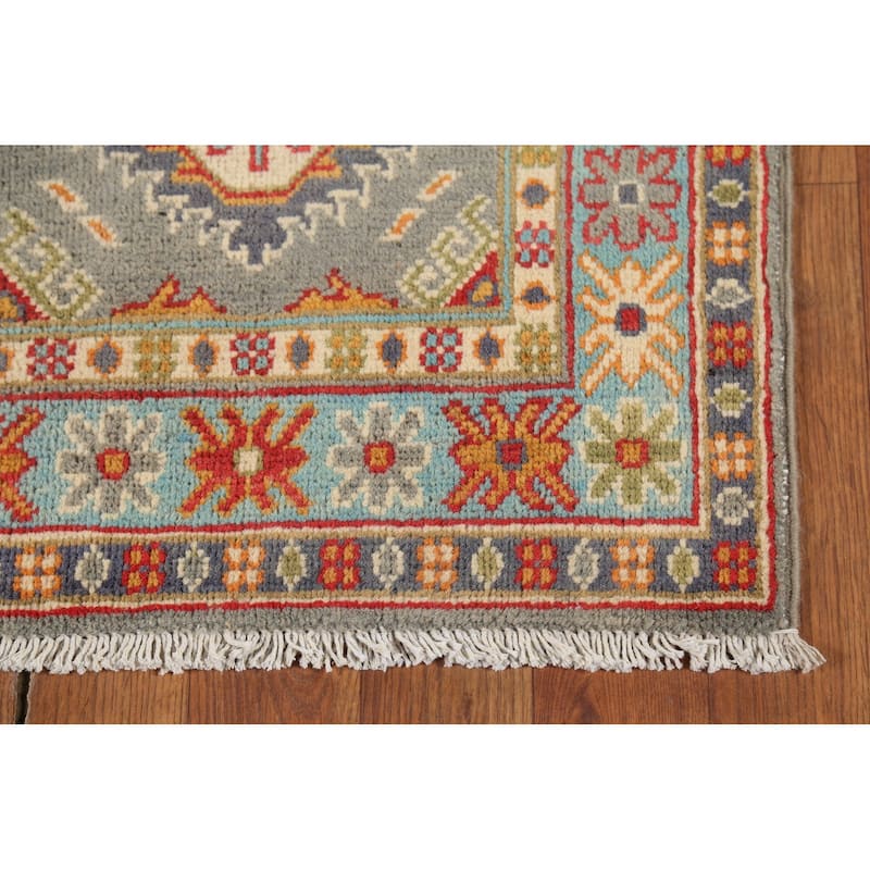 Gray Geometric Kazak Accent Rug Hand-Knotted Traditional Wool Carpet - 2'1"x 2'10"