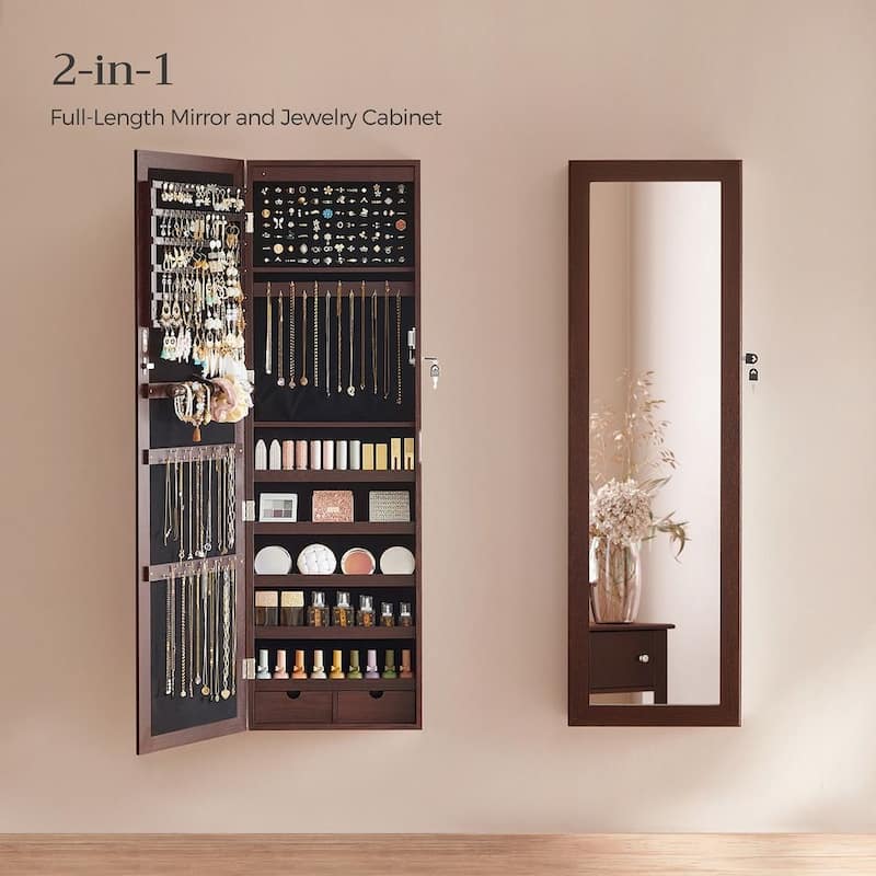 6 LEDs Mirror Jewelry Cabinet, Lockable Wall/Door Mounted Jewelry Armoire Organizer with Mirror 2 Drawers