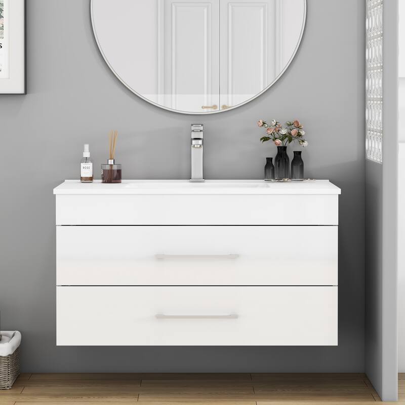 36-Inch White Gloss Wall-Mounted Bathroom Vanity with Double Drawers, Soft-Close System,Ceramic Sink,Long Metal Handle - Glossy White