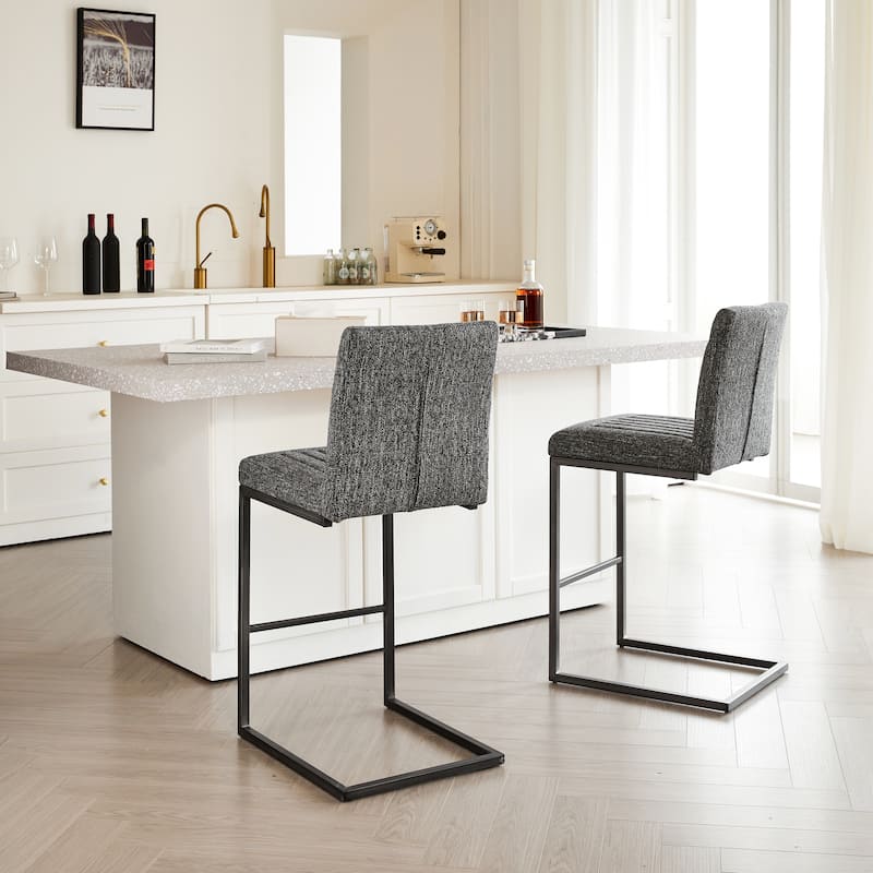 Set of 2 Bar Stools, Speckled Gray Textured Fabric with Vertical Tufted Backrest & Black Metal Frame
