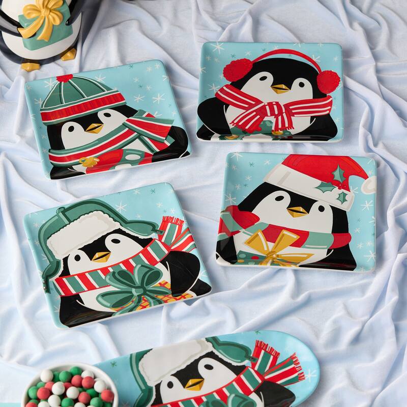 Certifed International Christmas Whimsy Penguin Set of 4 Dessert/Salad Plates 8.5" Assorted Designs - 8.5 L x 8.5 W x 1 H