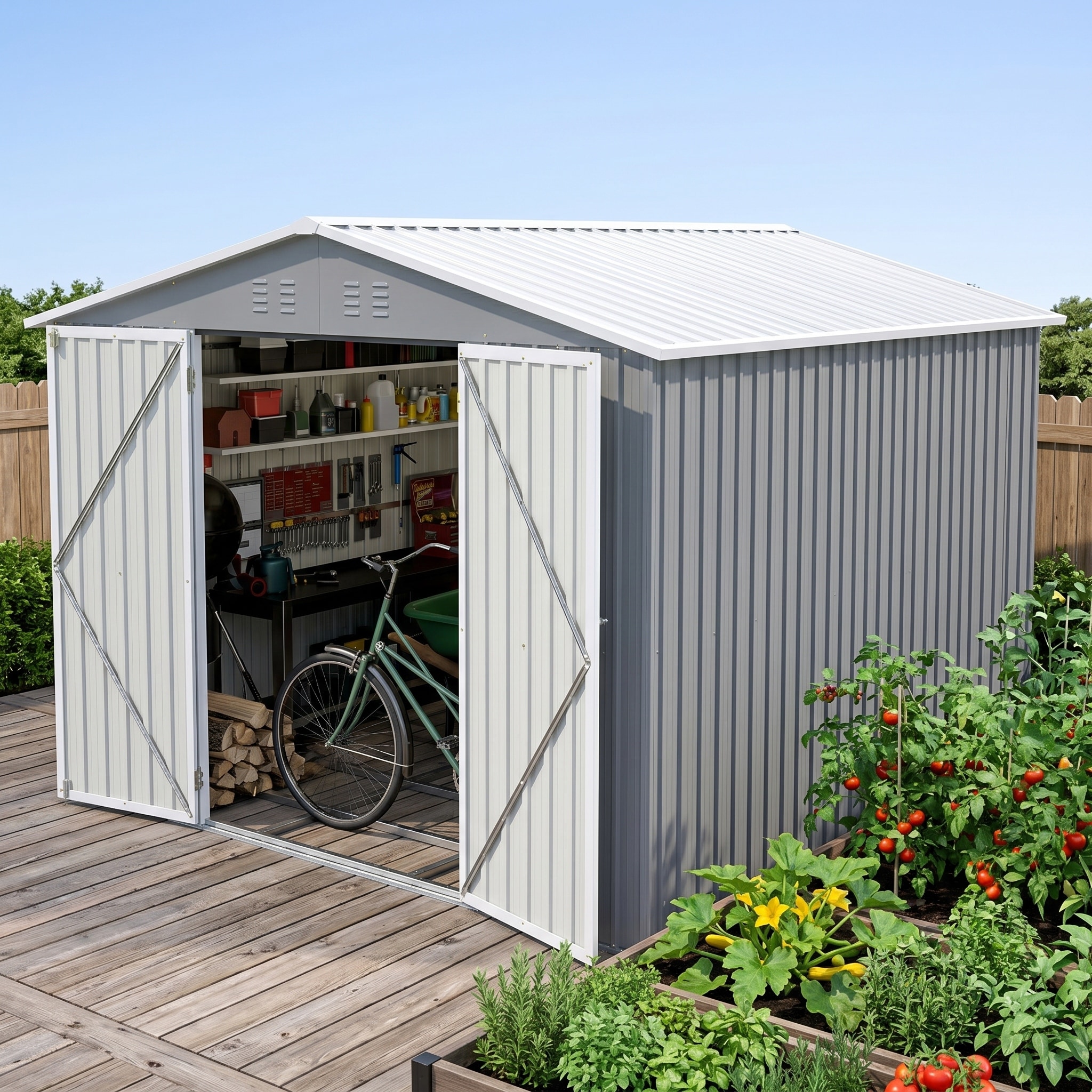 10x12 FT Galvanized Steel Storage Shed with Floor Frame Kit, Lockable Double Doors and Ventilation