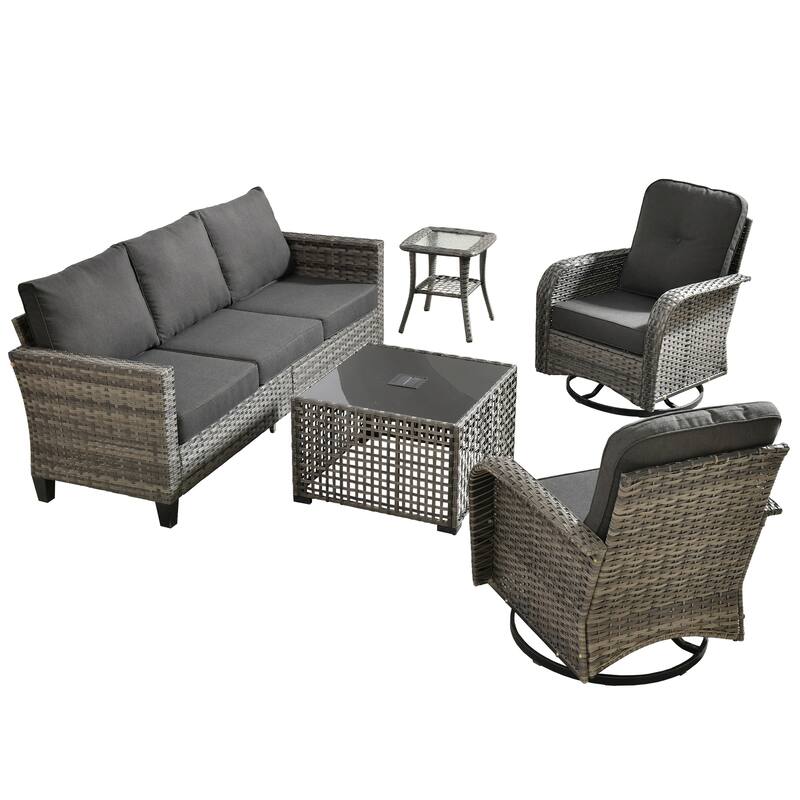 HOOOWOOO 5-piece Outdoor Swivel Chair Set Patio Conversation Set with Solar-powered Table