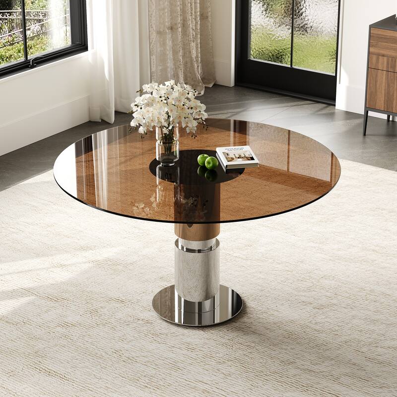 35-Inch Round Glass Dining Table, Tempered Glass Tabletop, Stainless Steel Legs, Suitable for 2-4 People - Brown - Brown