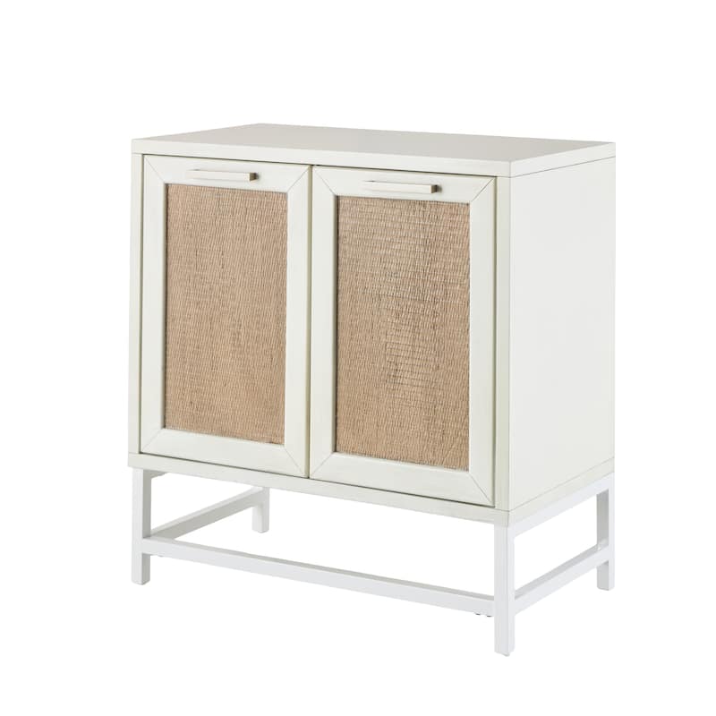 Wooden 2 Door Cabinet with Brown Woven Rattan Doors and Metal Base - White - Roche River Decor - 16"W x 30"L x 31"H