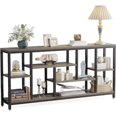 Industrial Console Table with Wood Top and Black Metal Frame Multi Tier Narrow Sofa Entryway Hallway Table