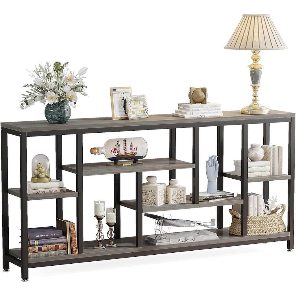 Industrial Console Table with Wood Top and Black Metal Frame Multi Tier Narrow Sofa Entryway Hallway Table